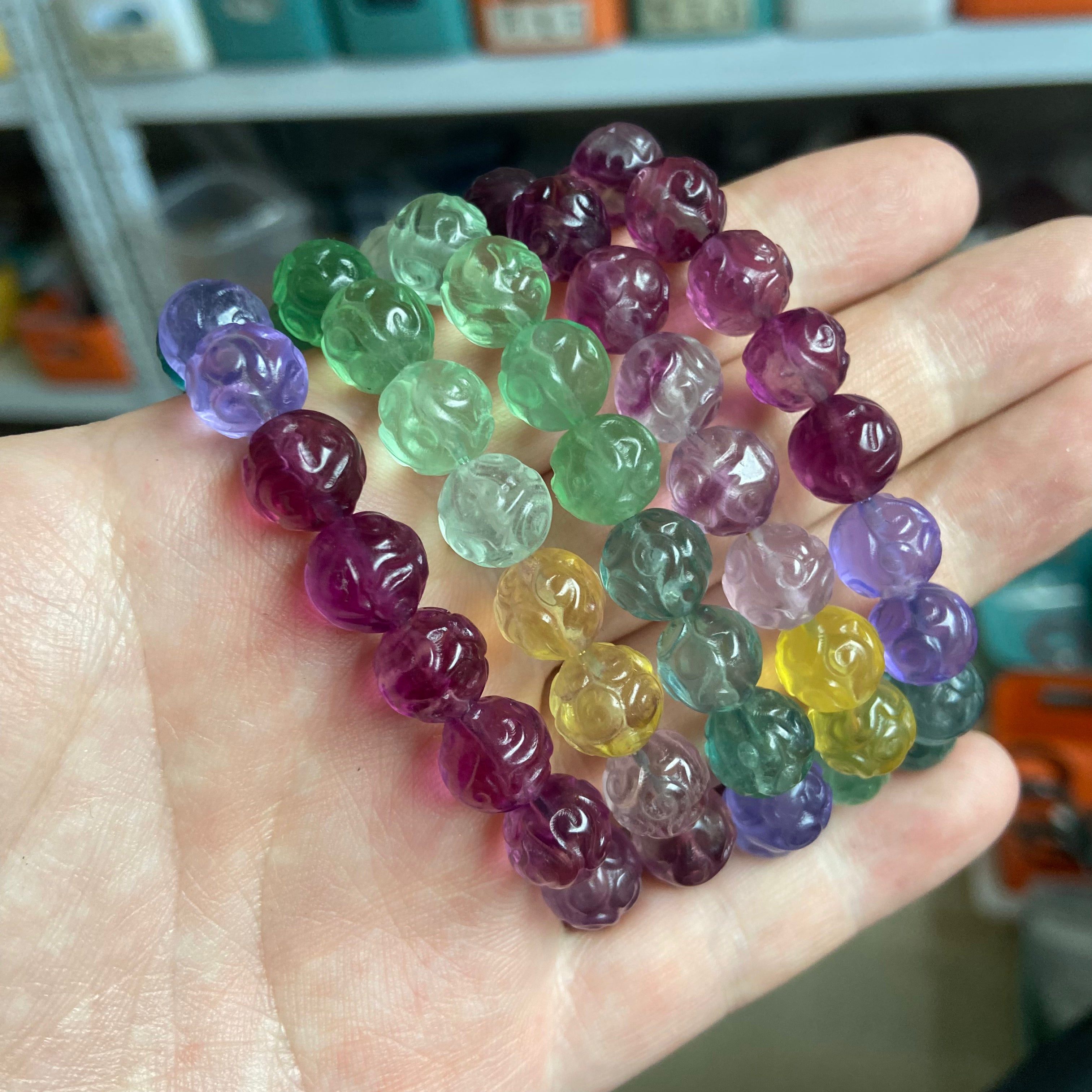 Colorful Fluorite Beaded Bracelet with Huiwen Pattern - Handmade Gemstone Jewelry for Daily Wear