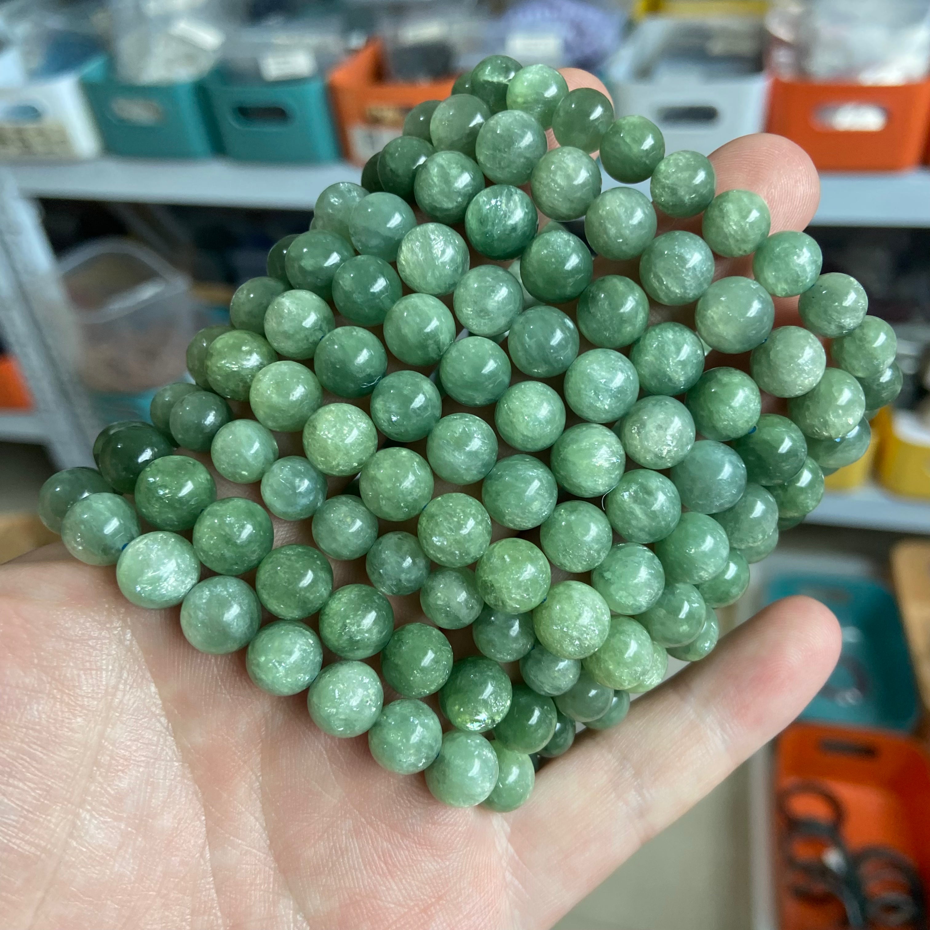 Natural Green Emerald Round Bead Bracelet | Handmade Gemstone Jewelry with Mica Sparkle