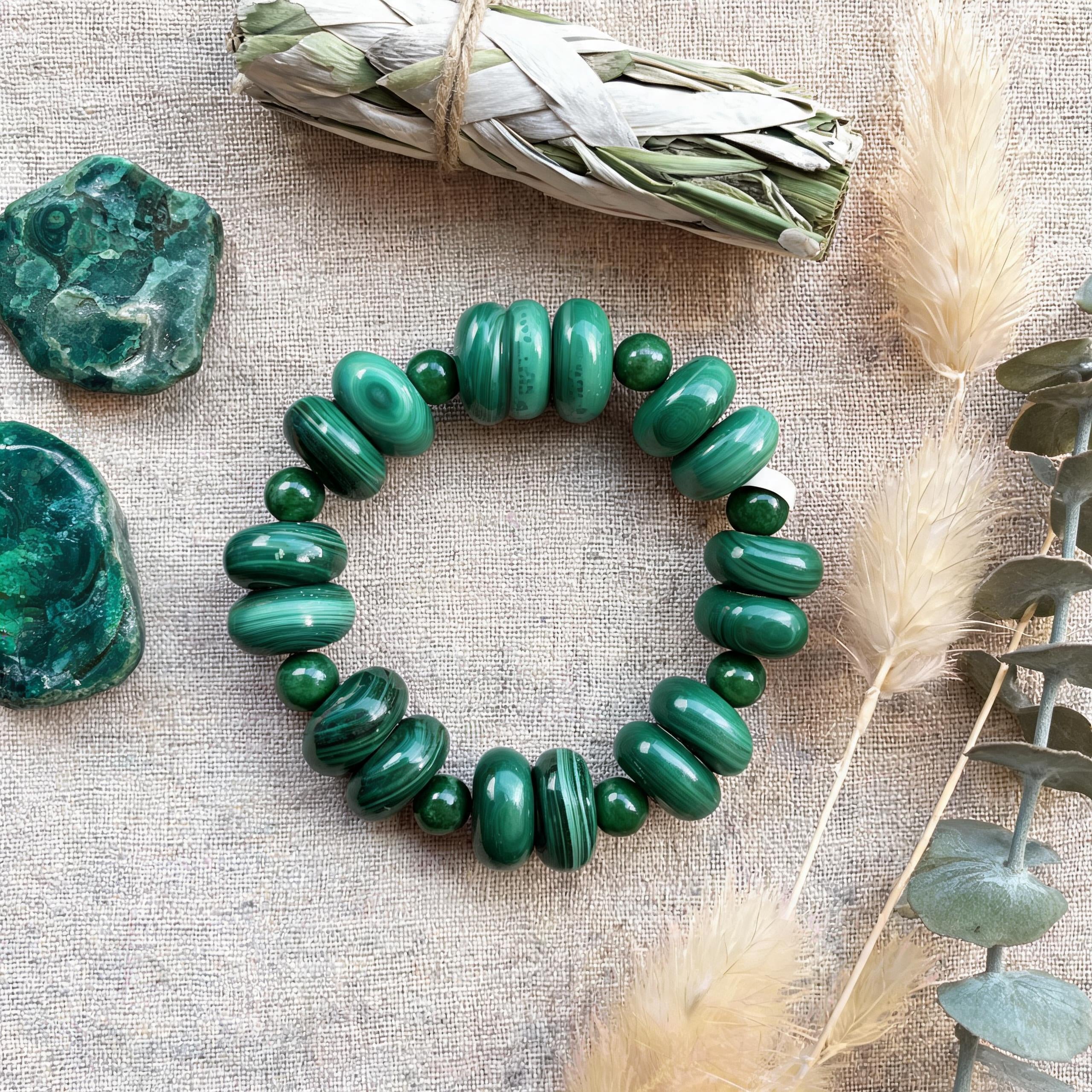 Natural Malachite Smooth Round Bead Bracelet, 8mm Stretch Crystal Bracelet for Men & Women