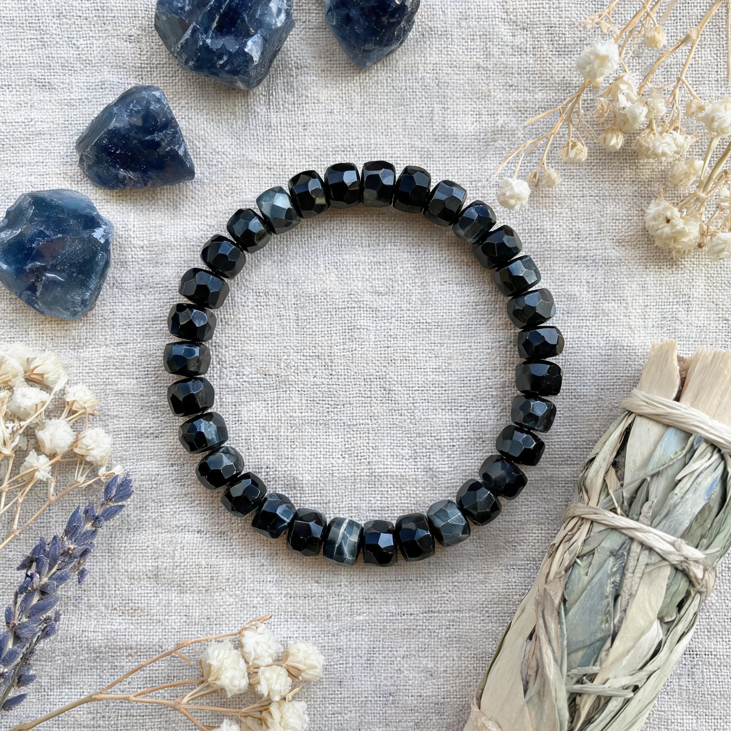 Natural Blue Tiger's Eye Diamond‑Cut Disc Bead Stretch Bracelet for Men & Women